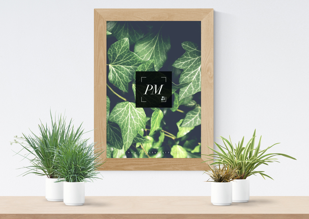 Free-Plant-Vases-With-Wooden-Frame-Poster-Mockup-PSD